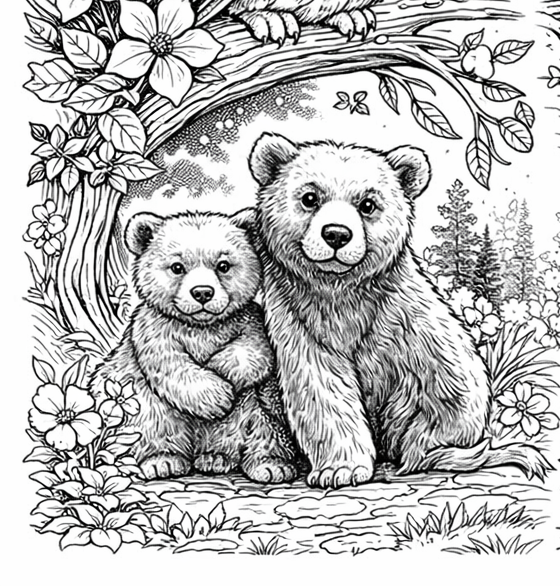 Grades 3-5 Forest Bear Family Detailed Coloring Page printable preview