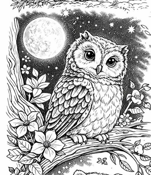 Grades 3-5 Moonlit Owl Detailed Coloring Page printable preview