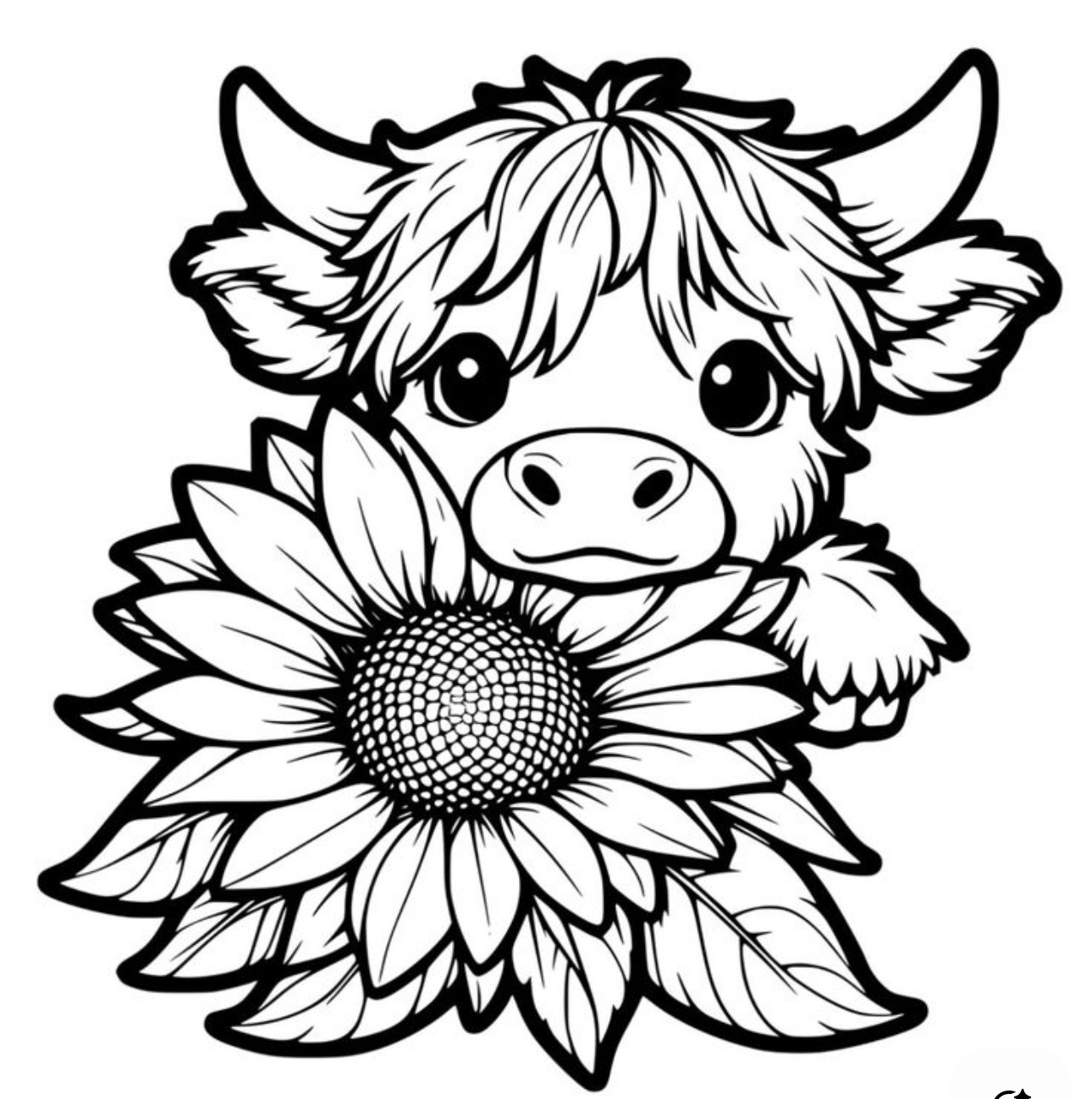 Grades 3-5 Sunflower Highland Calf Detailed Coloring Page printable preview