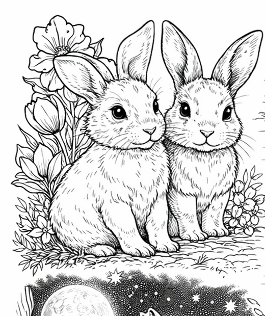 K-2 Rabbit Garden Duo Detailed Coloring Page printable preview